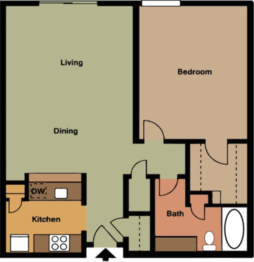 Floor plan for 1 bed, 1 bath, 612 sqft